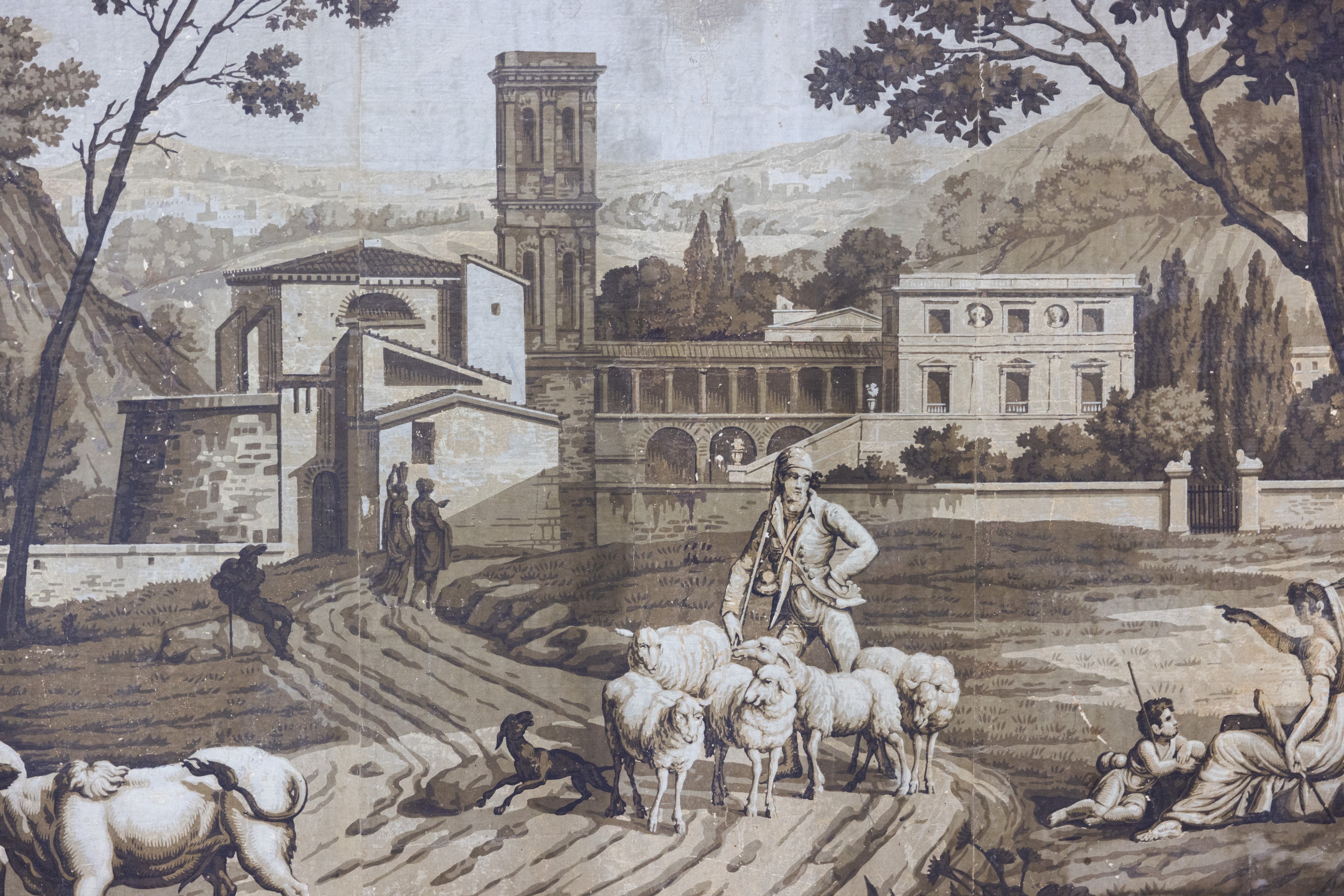 Grisaglia raffigurante paesaggio con personaggi e armenti