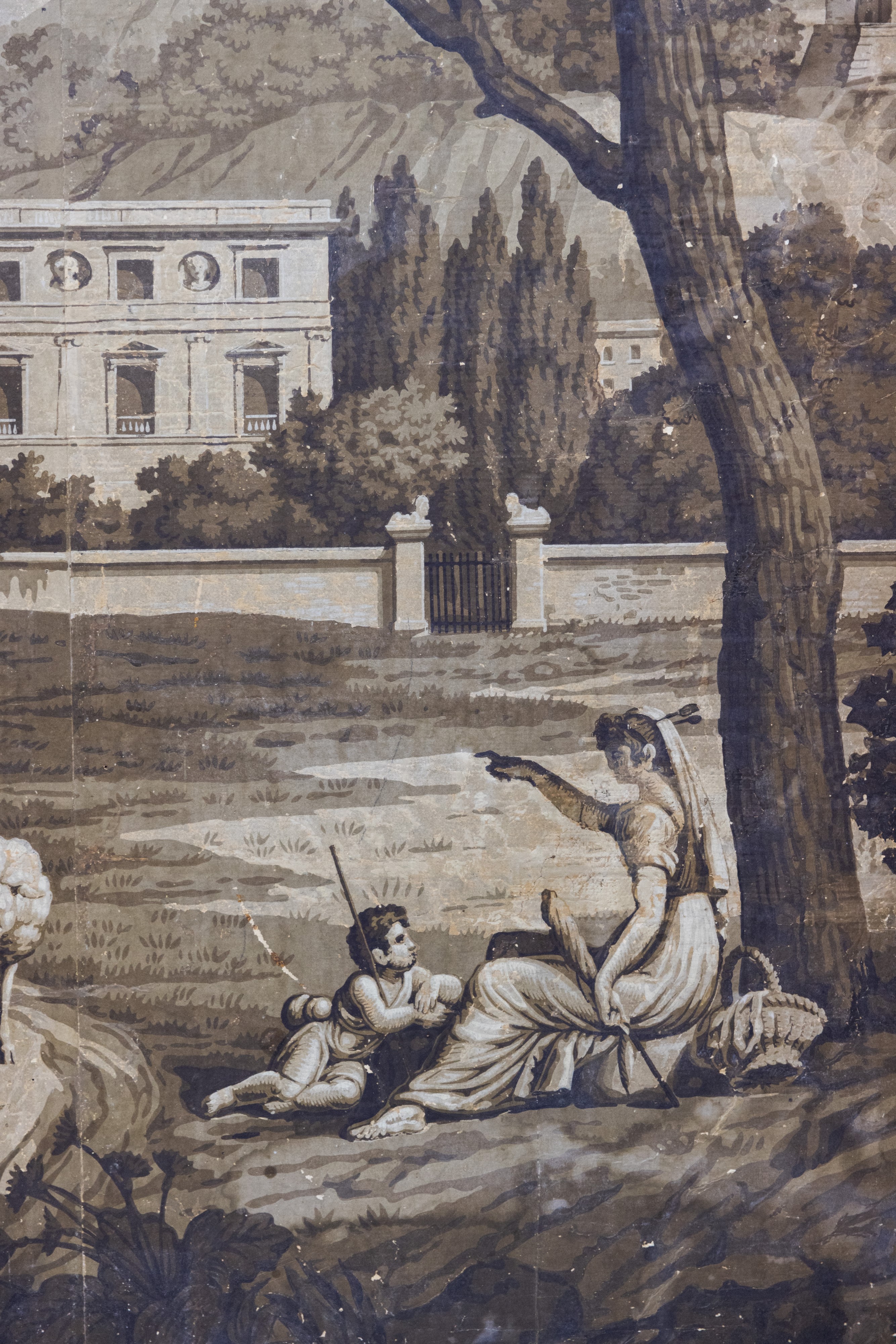 Grisaglia raffigurante paesaggio con personaggi e armenti