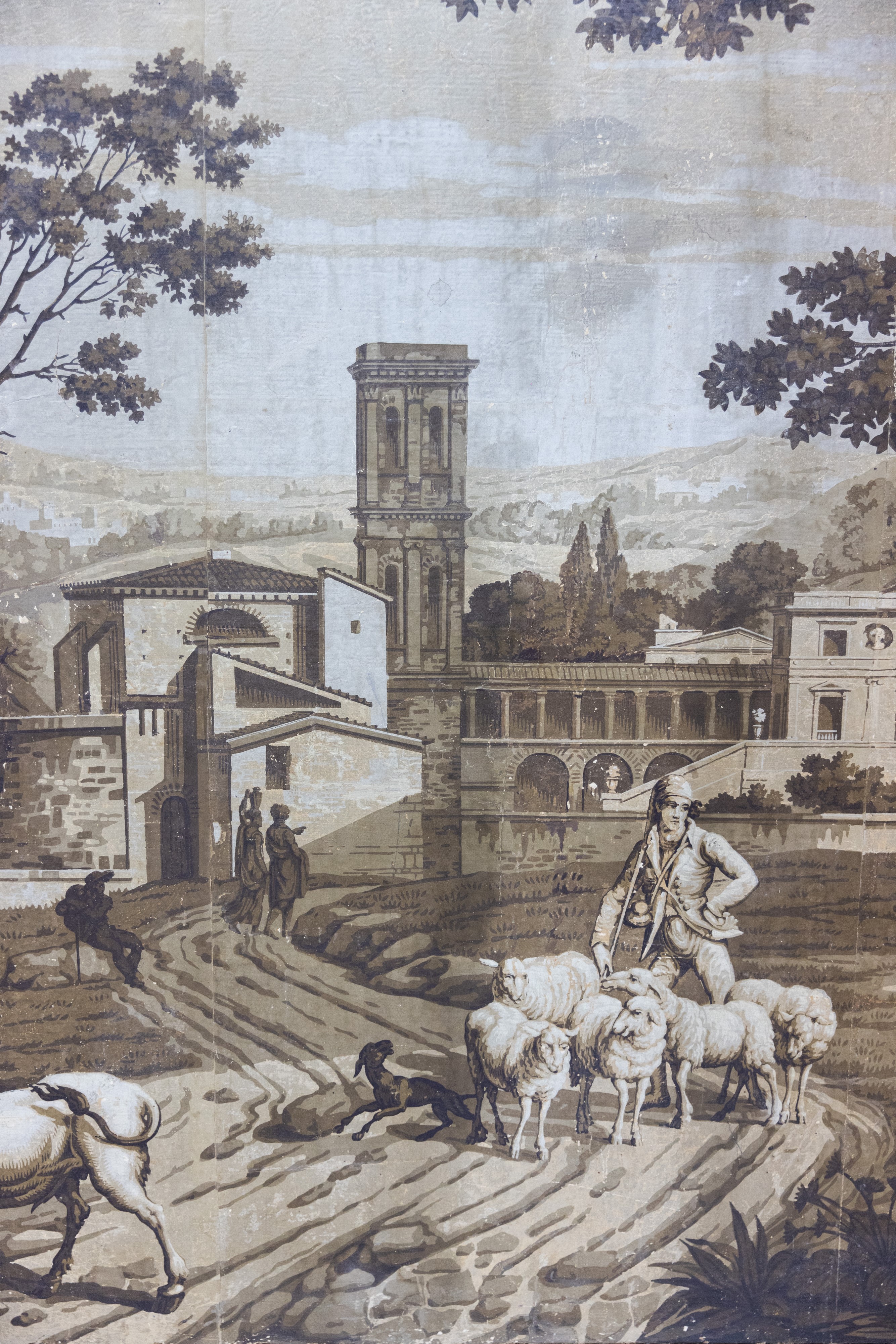 Grisaglia raffigurante paesaggio con personaggi e armenti