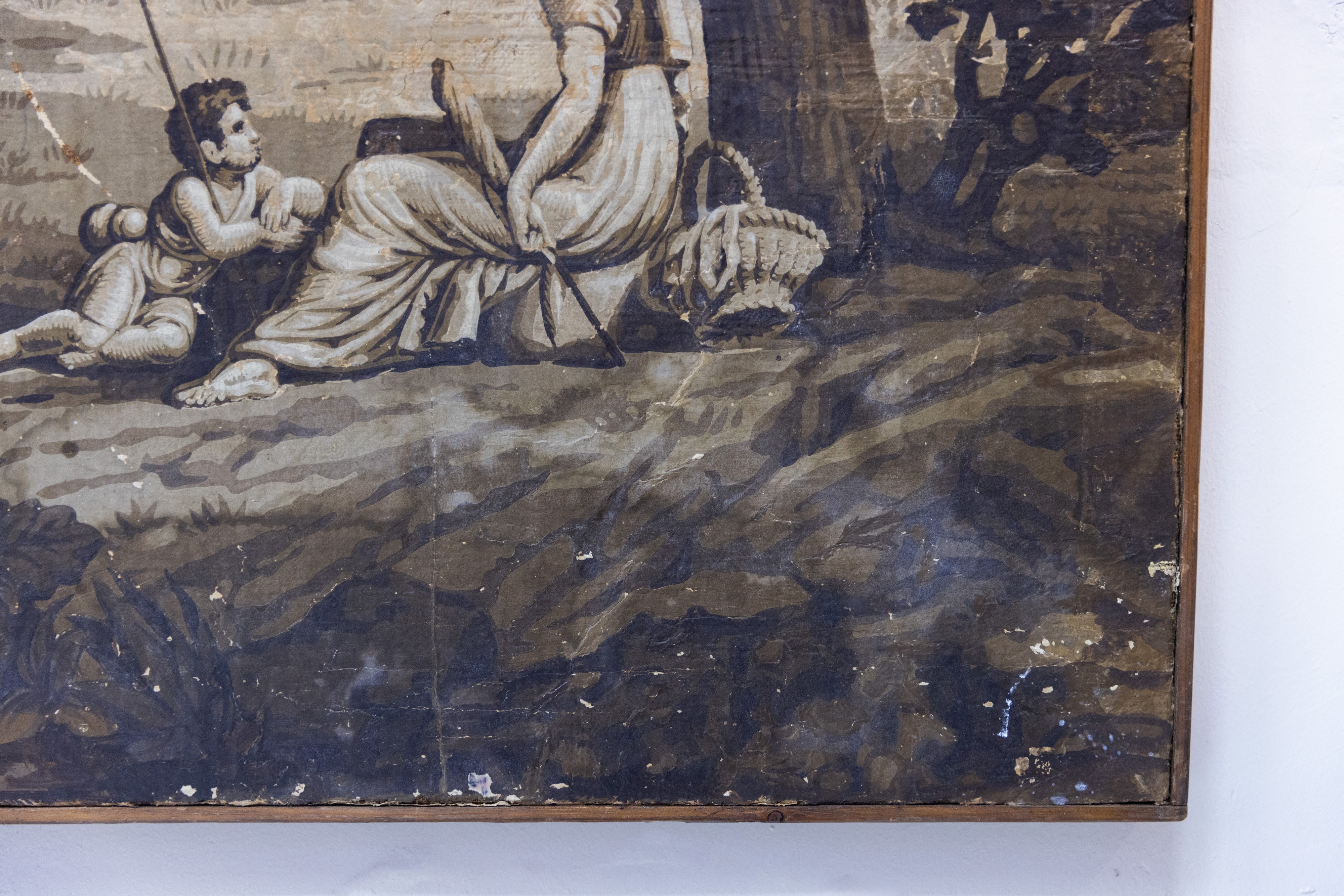 Grisaglia raffigurante paesaggio con personaggi e armenti