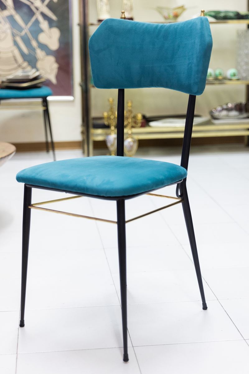 Set di 6 sedie anni '50 più tavolo design Mascagni in ferro, puntali in ottone e vetroelite in or...