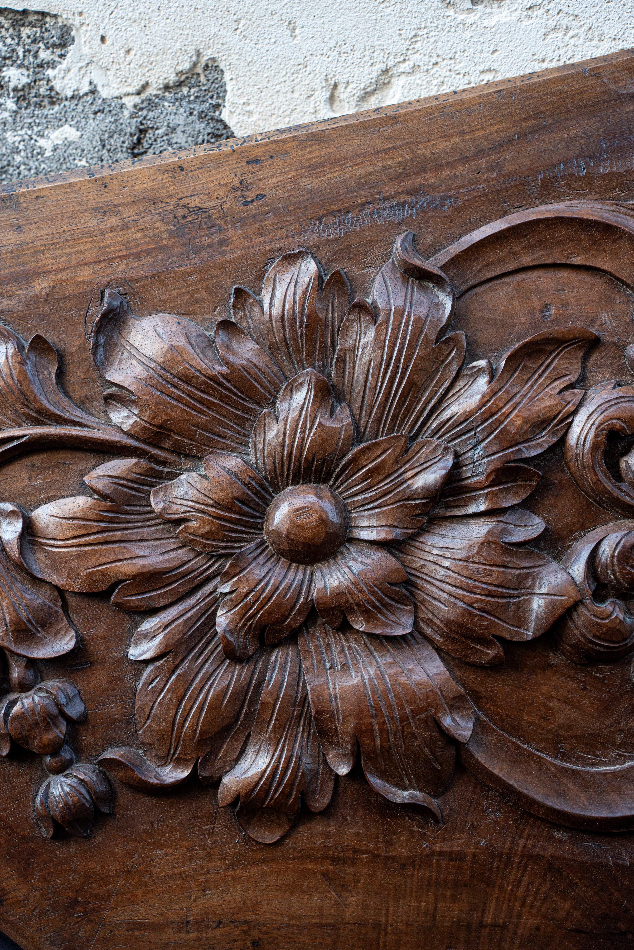 Pannello ligneo in noce con decoro fitomorfo