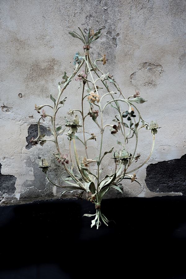 Lampadario in ferro battuto con decoro floreale