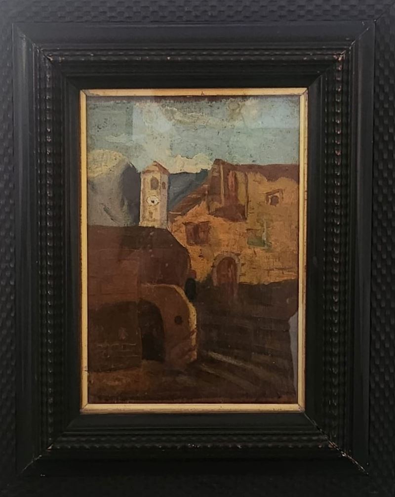 Paesaggio con case e campanile