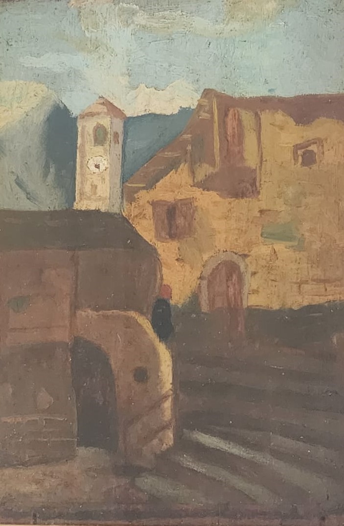 Paesaggio con case e campanile