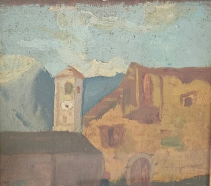 Paesaggio con case e campanile