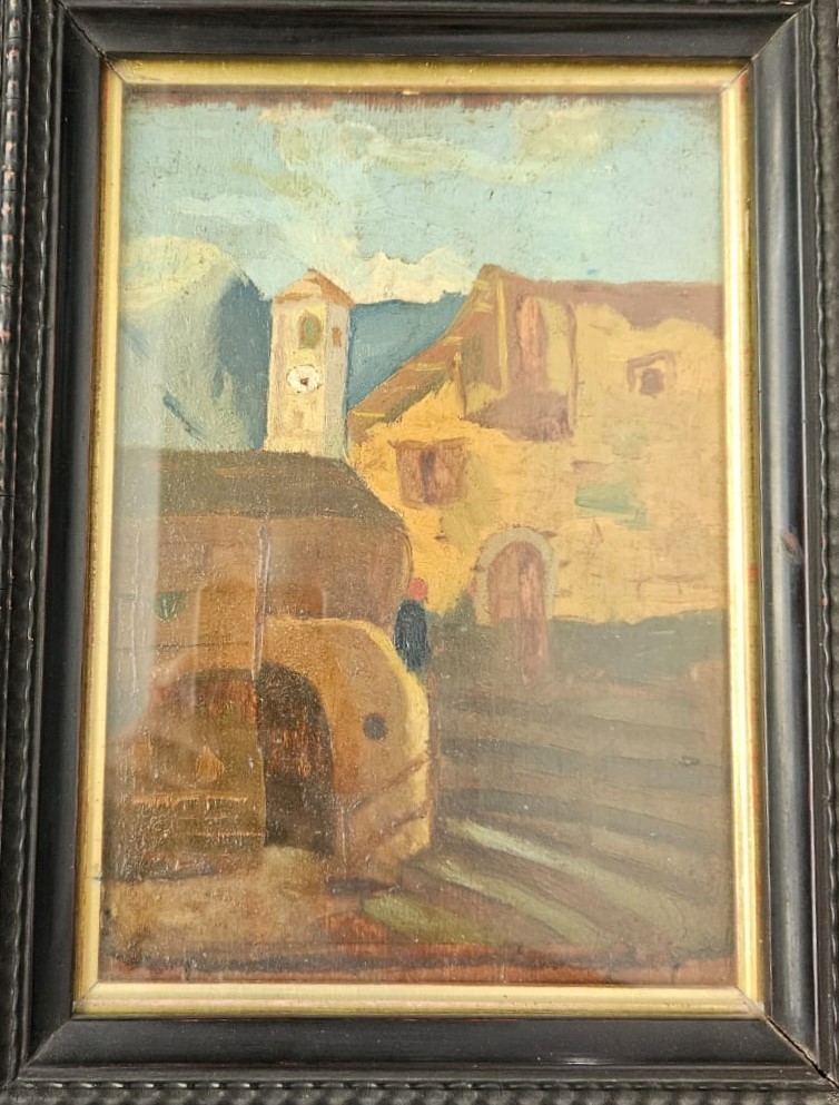 Paesaggio con case e campanile