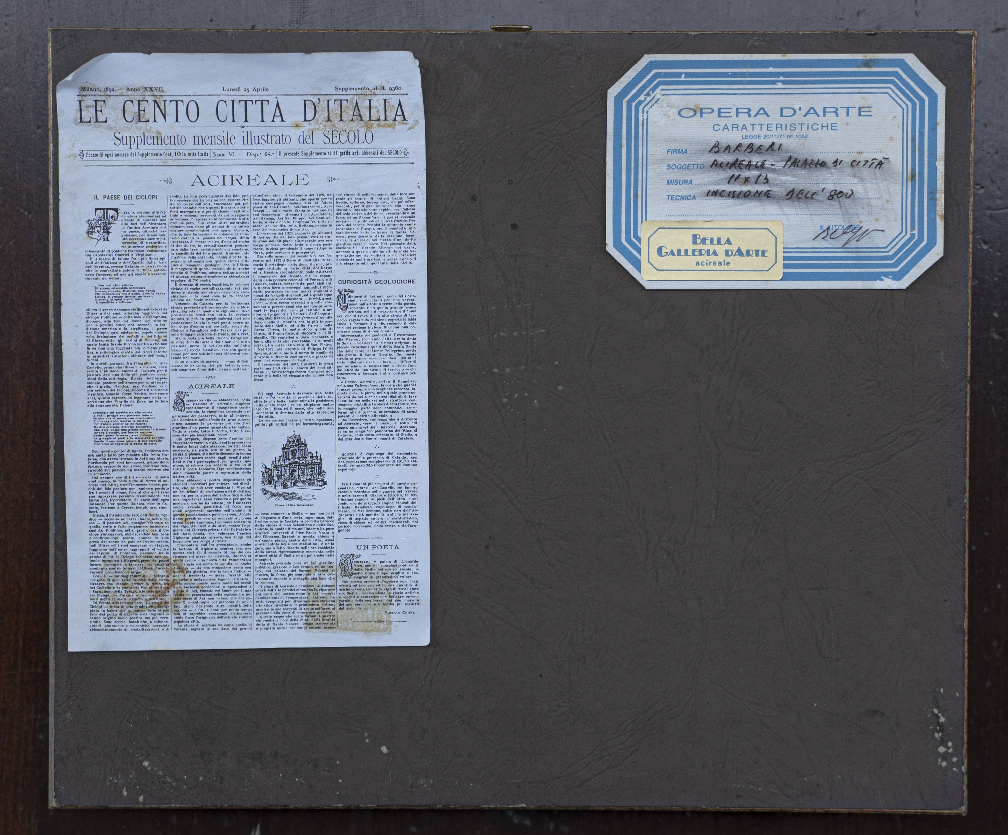 Incisione Palazzo di città di Acireale firmata Barberi