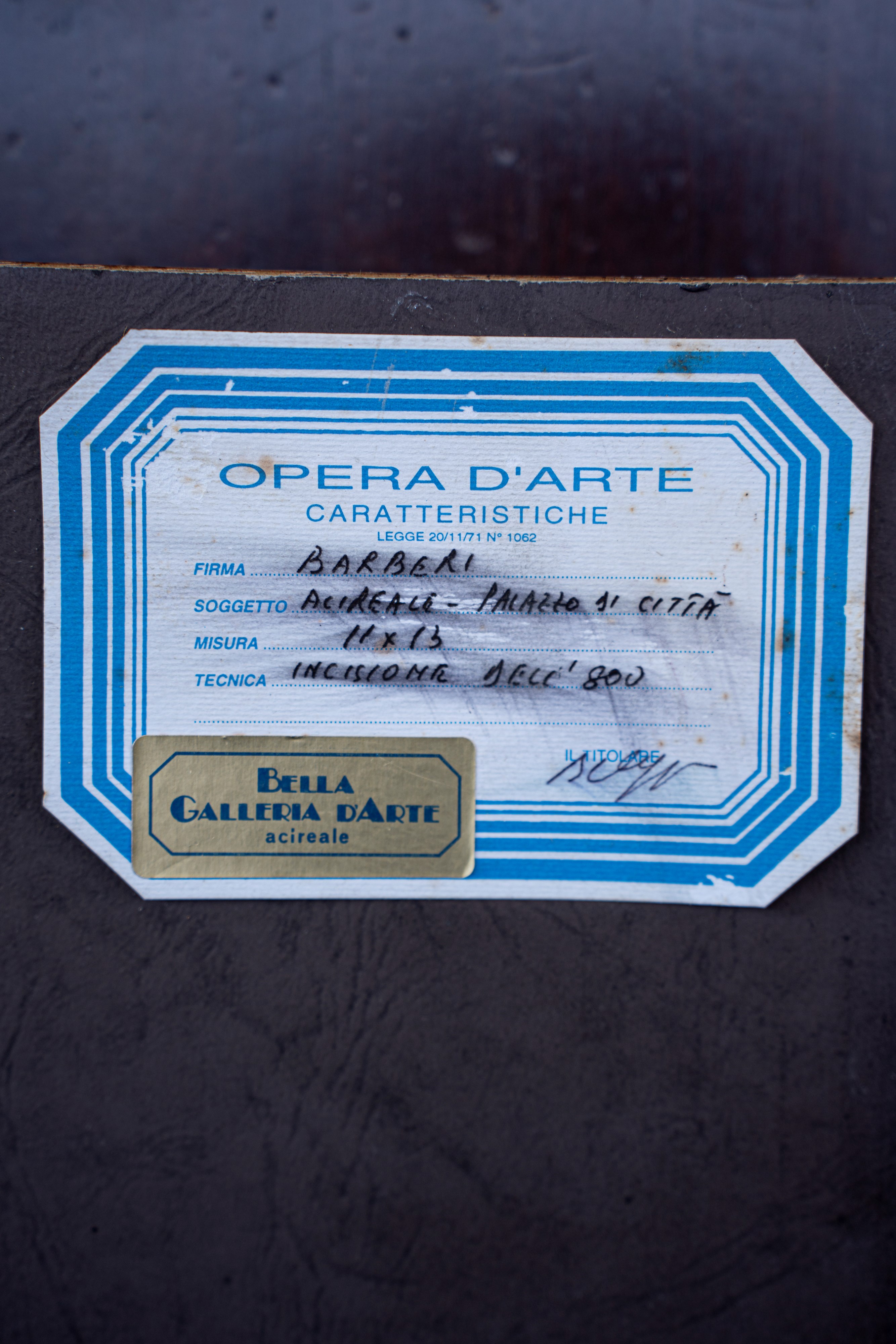 Incisione Palazzo di città di Acireale firmata Barberi