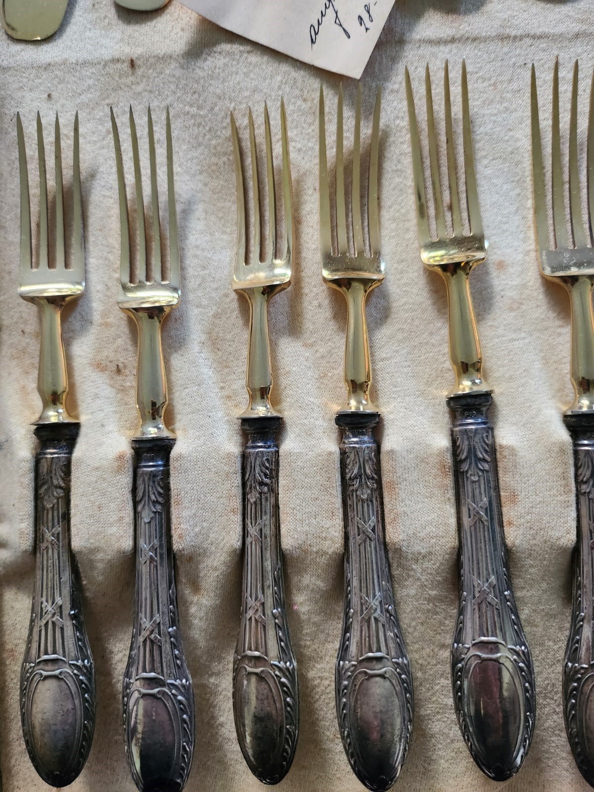 Servizio di posate da frutta in ottone e lamina d'argento